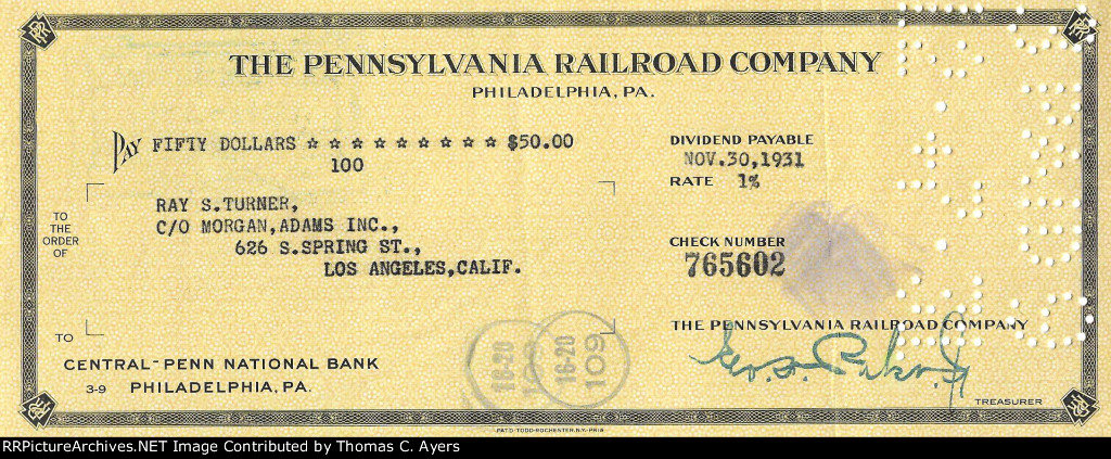 PRR Dividend Check, 1931